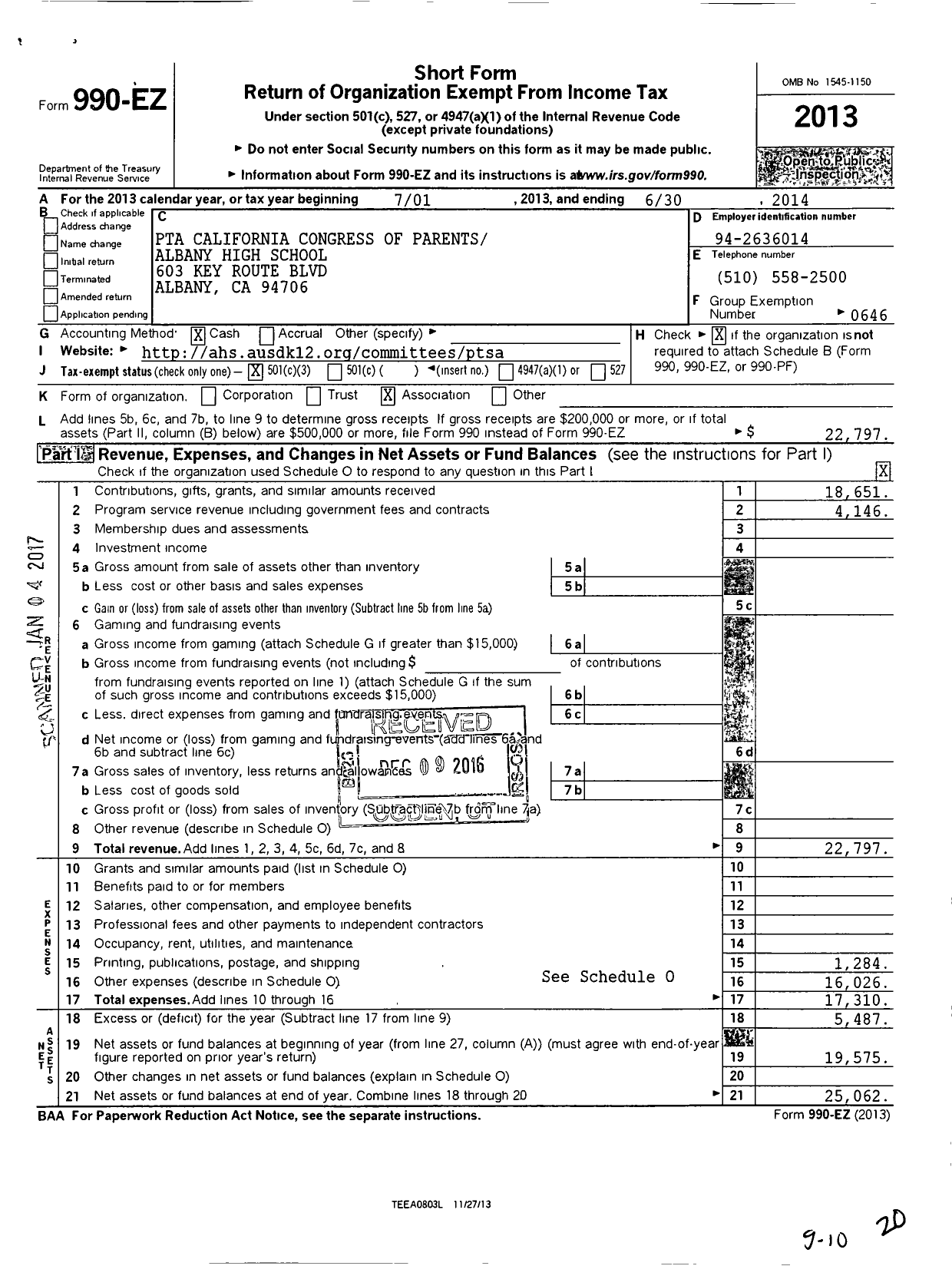 Image of first page of 2013 Form 990EZ for California State PTA - Albany High School Ptsa