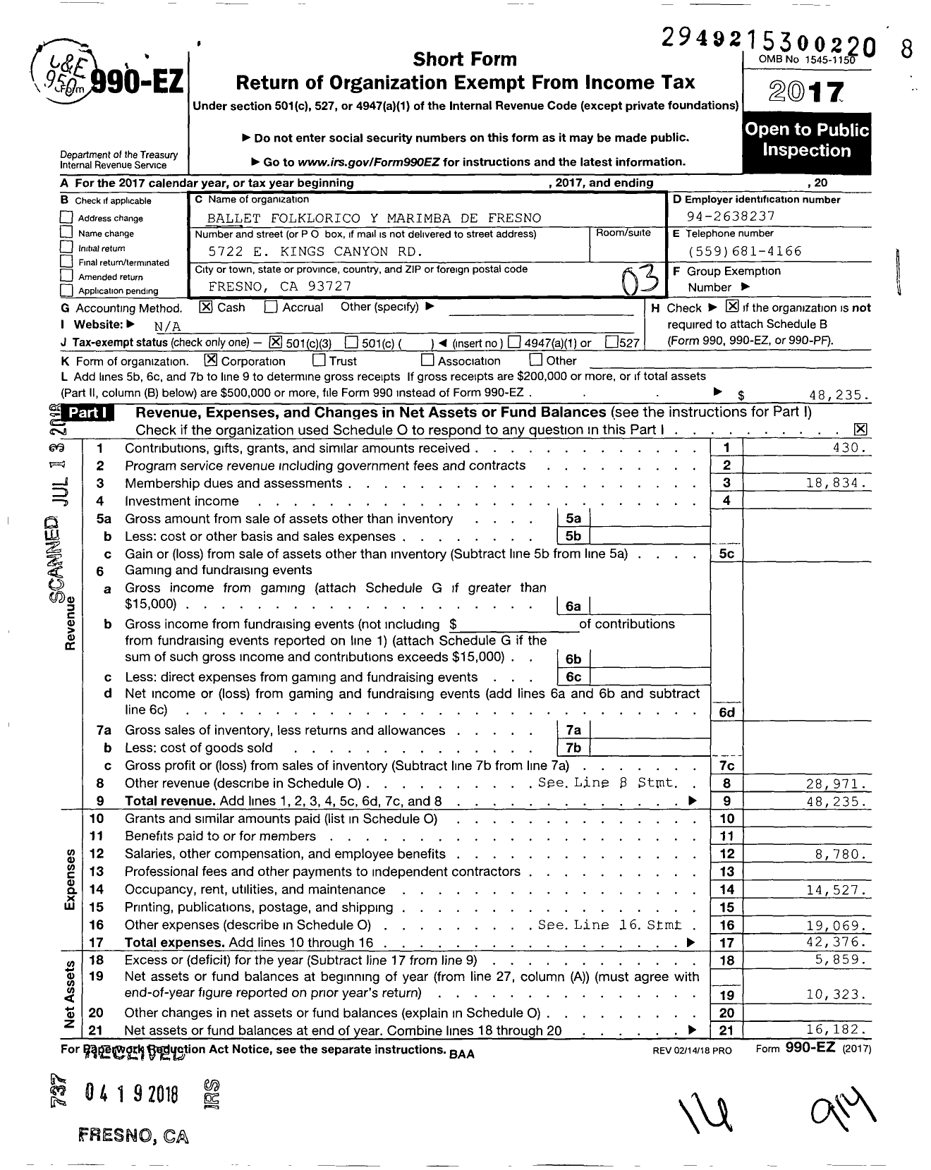 Image of first page of 2017 Form 990EZ for Ballet Folklorico Y Marimba de Fresno