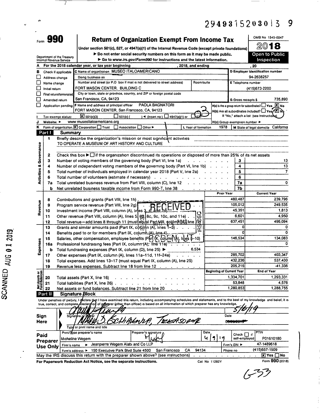 Image of first page of 2018 Form 990 for Museo Italoamericano