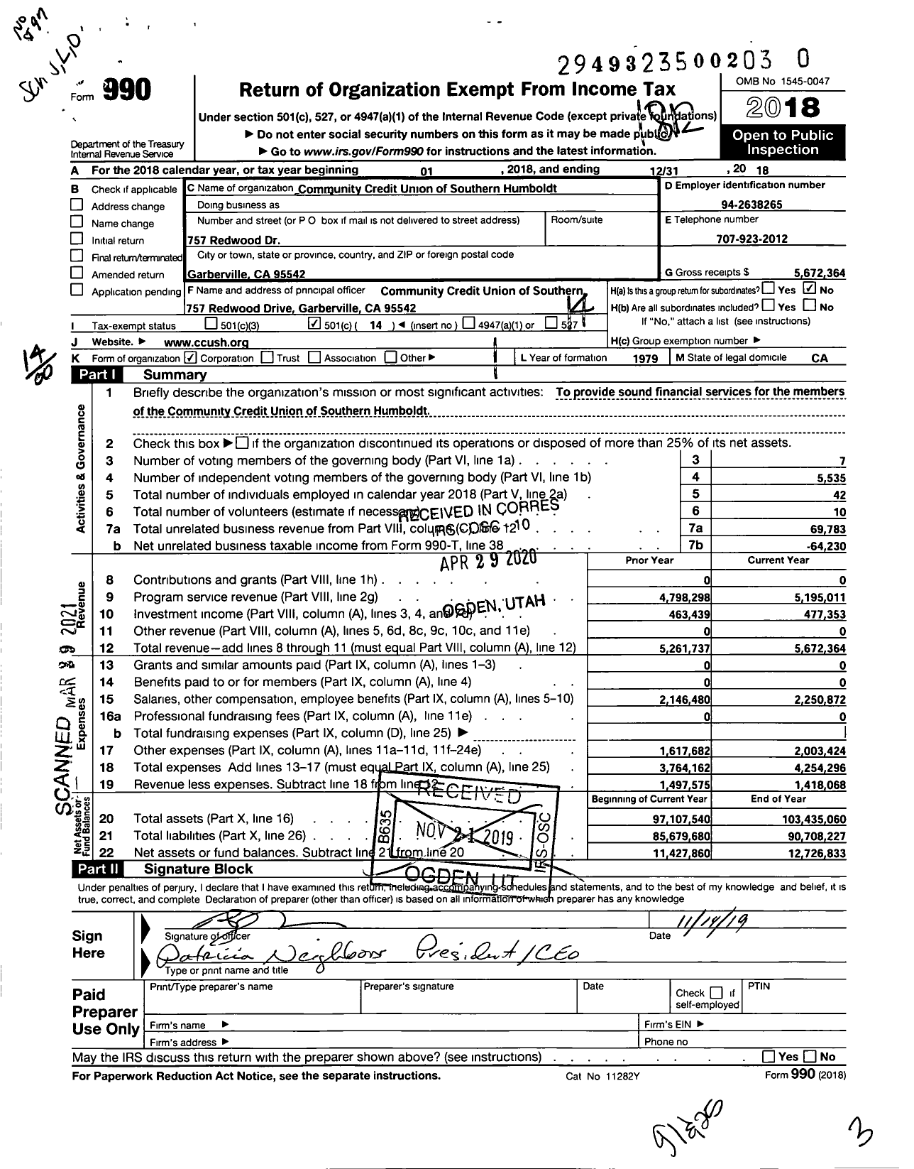 Image of first page of 2018 Form 990O for Credit Unions in the State of California