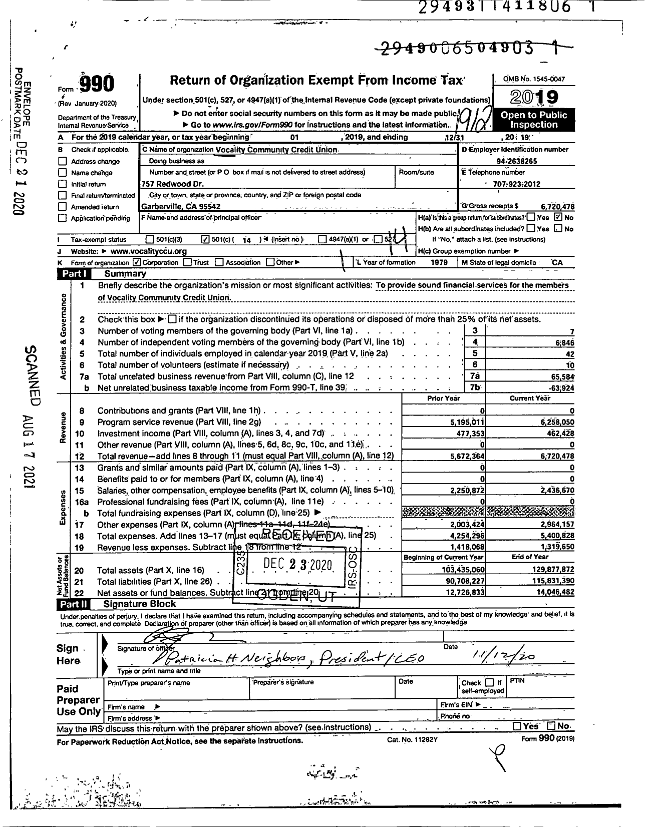 Image of first page of 2019 Form 990O for Credit Unions in the State of California