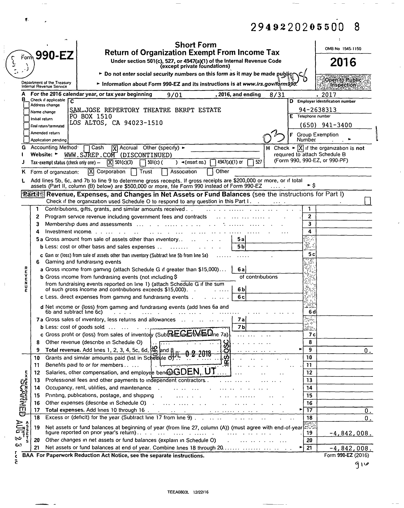 Image of first page of 2016 Form 990EZ for San Jose Repertory Theatre