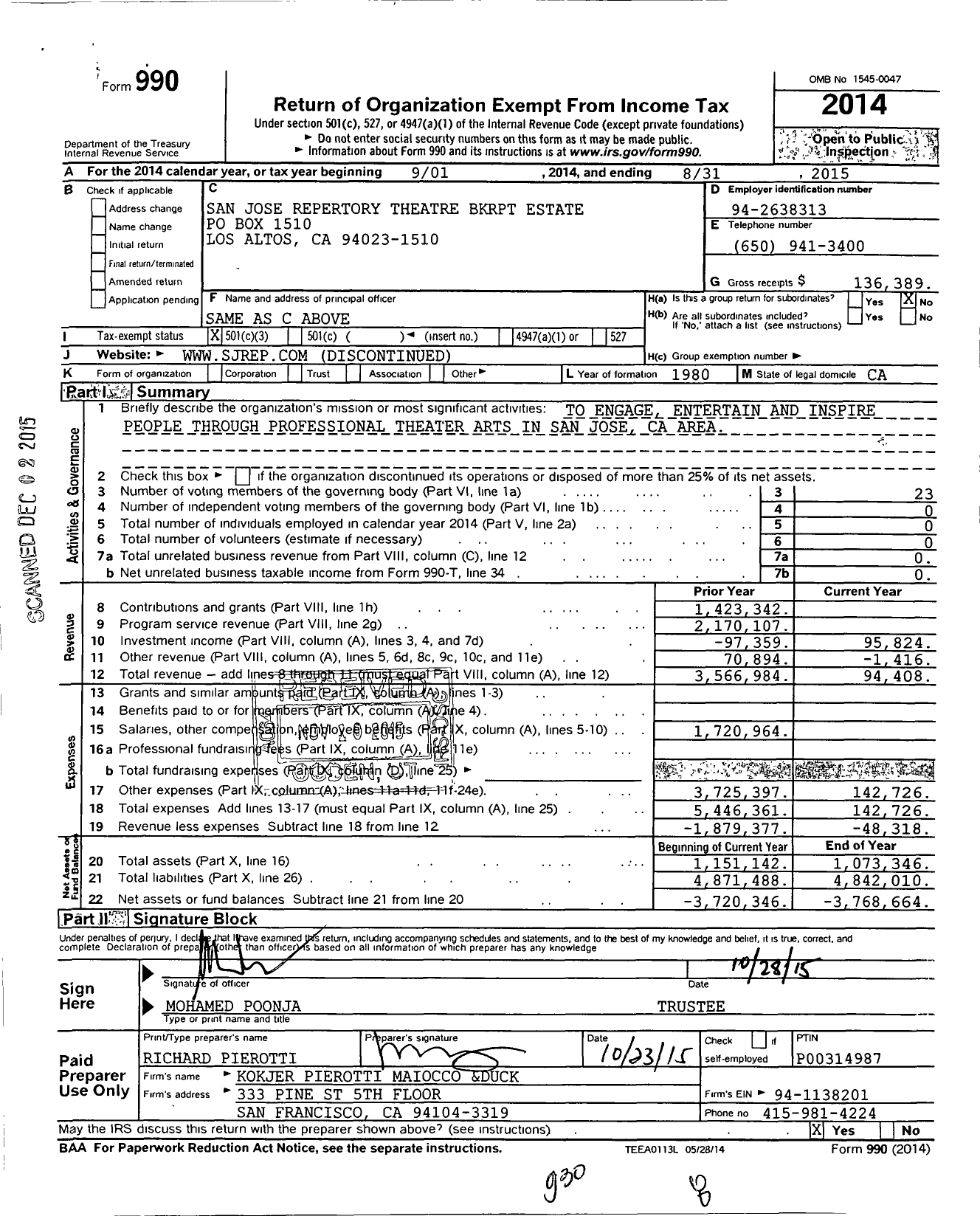 Image of first page of 2014 Form 990 for San Jose Repertory Theatre