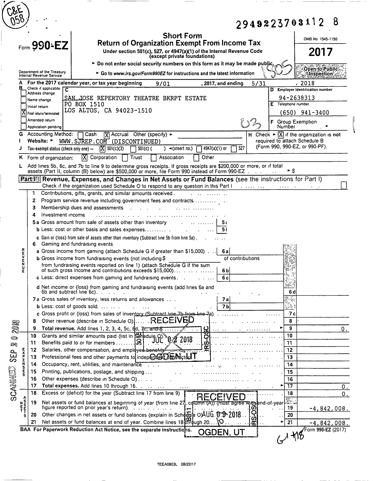 Image of first page of 2017 Form 990EZ for San Jose Repertory Theatre