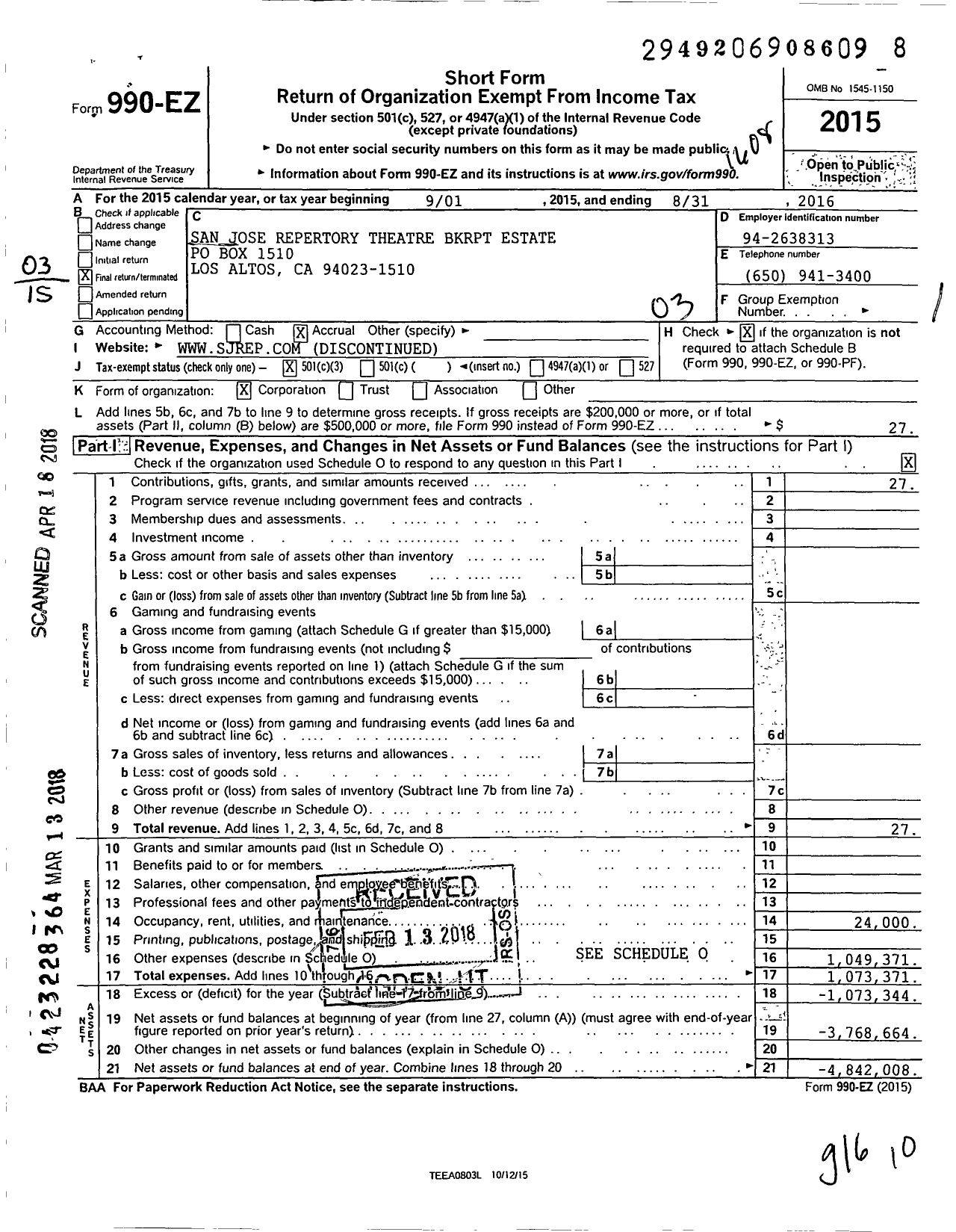 Image of first page of 2015 Form 990EZ for San Jose Repertory Theatre