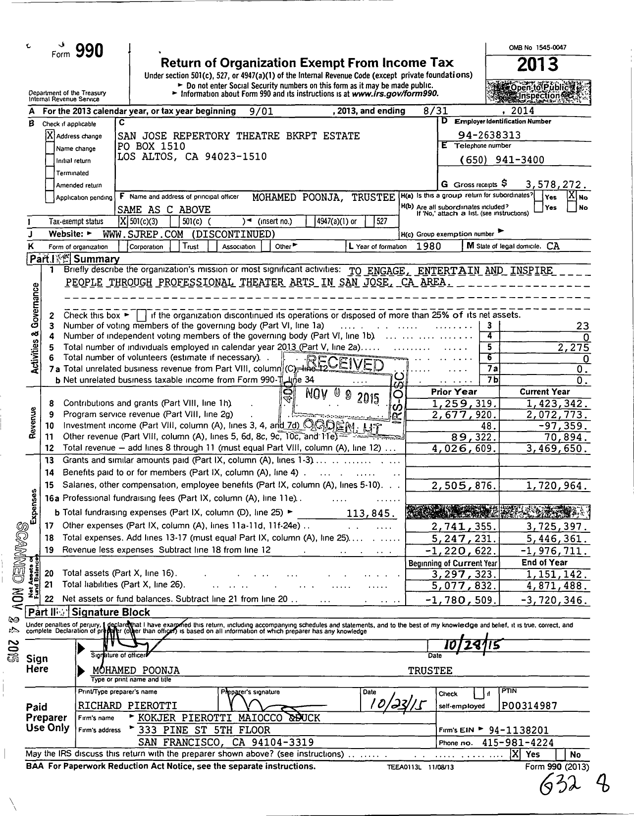 Image of first page of 2013 Form 990 for San Jose Repertory Theatre