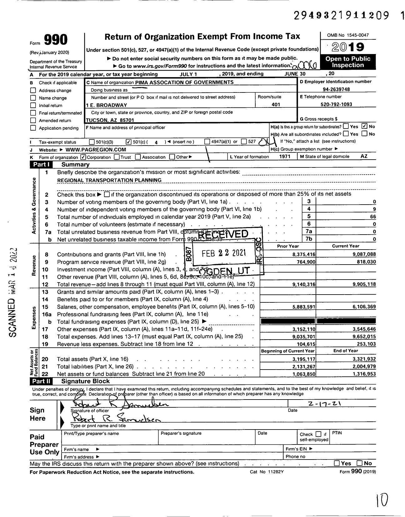Image of first page of 2019 Form 990O for Pima Association of Governments
