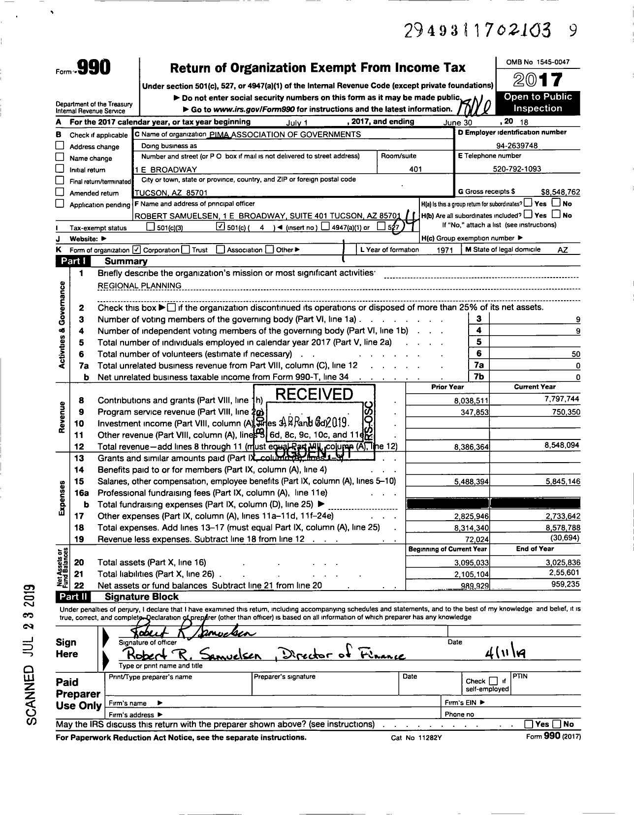 Image of first page of 2017 Form 990O for Pima Association of Governments