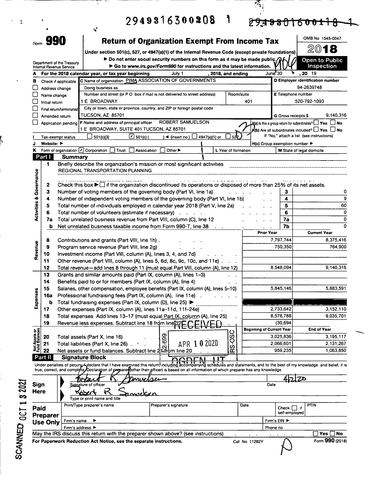 Image of first page of 2018 Form 990 for Pima Association of Governments