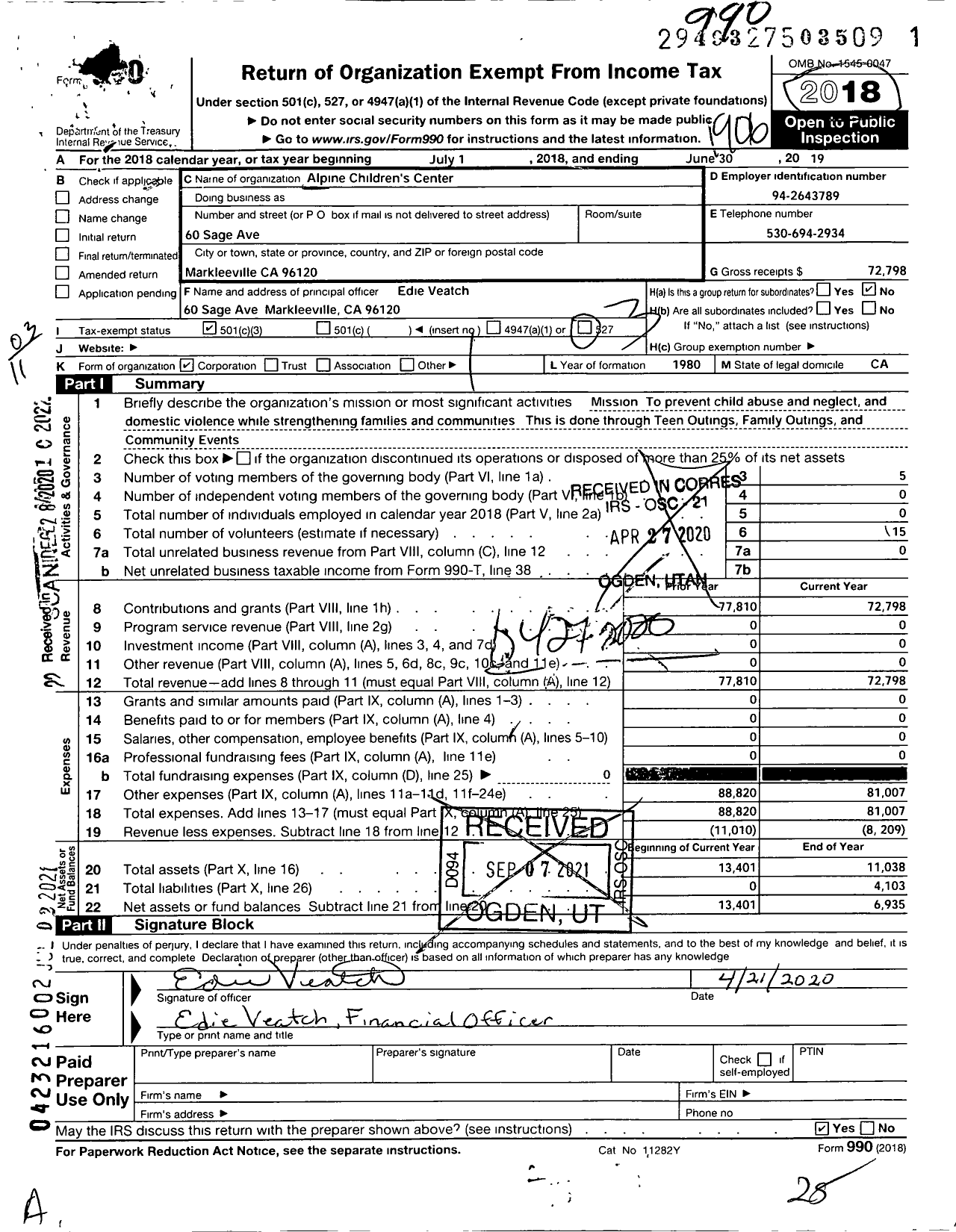 Image of first page of 2018 Form 990 for Alpine Childrens Center