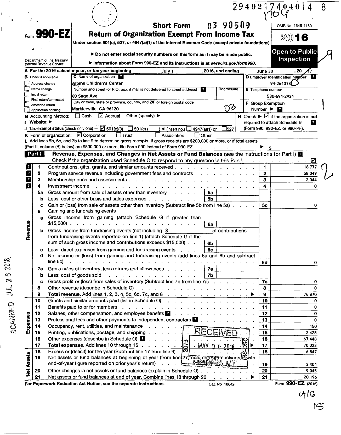 Image of first page of 2016 Form 990EZ for Alpine Childrens Center