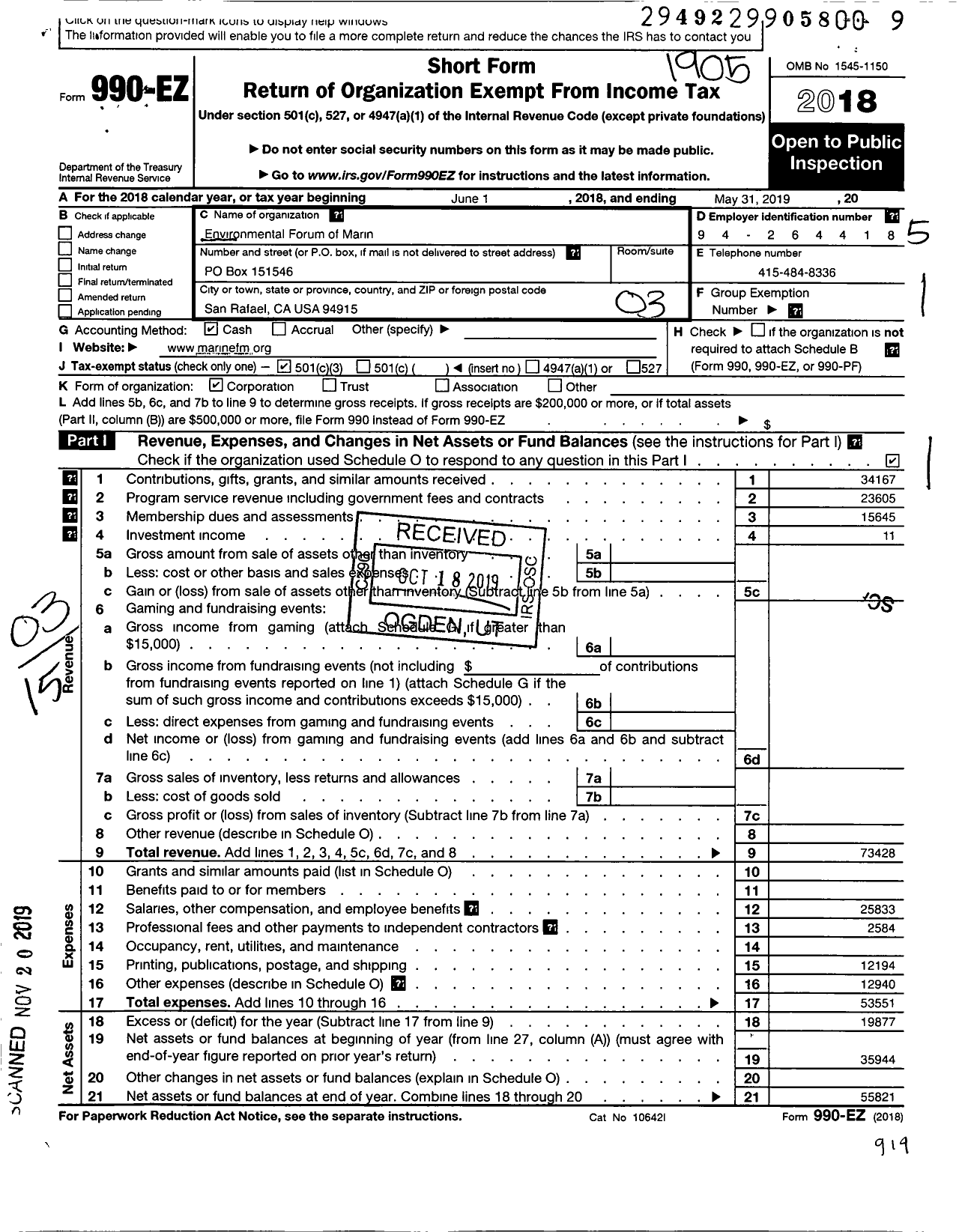 Image of first page of 2018 Form 990EZ for ENVIRONMENTAL FORUM ENVIRONMENTAL FORUM of Marin