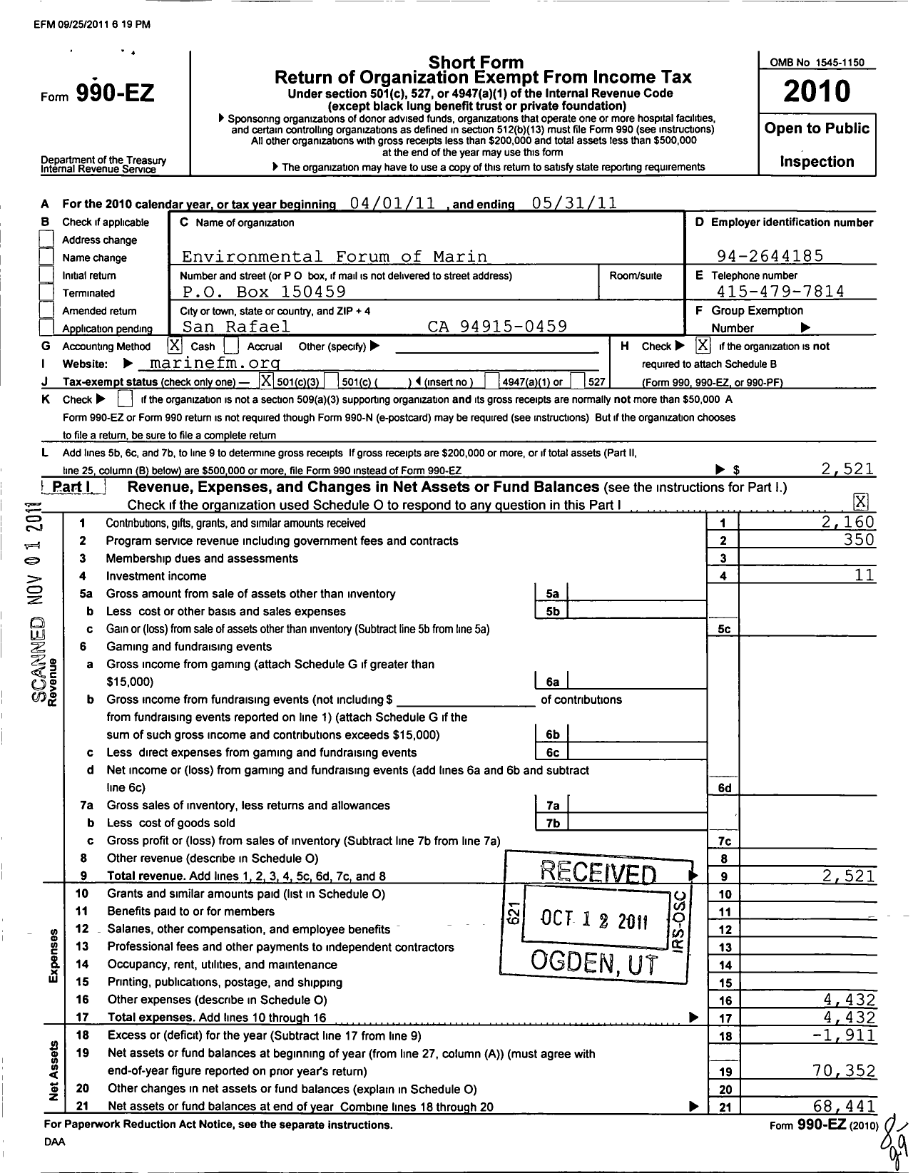 Image of first page of 2010 Form 990EZ for ENVIRONMENTAL FORUM ENVIRONMENTAL FORUM of Marin