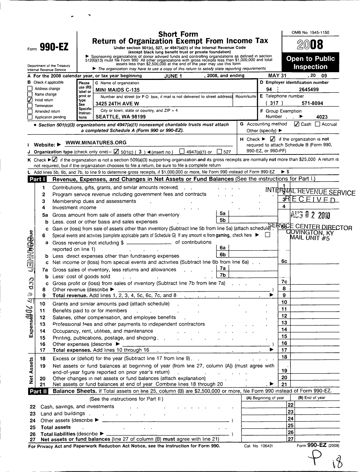 Image of first page of 2008 Form 990EZ for National Association of Miniature Enthusiasts / Mini Maids C-135