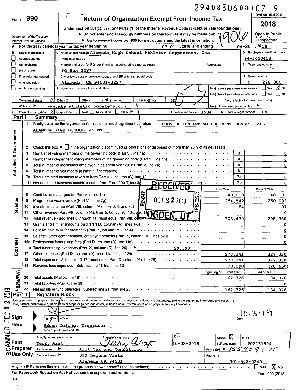 Image of first page of 2018 Form 990 for Alameda High School Athletic Supporters