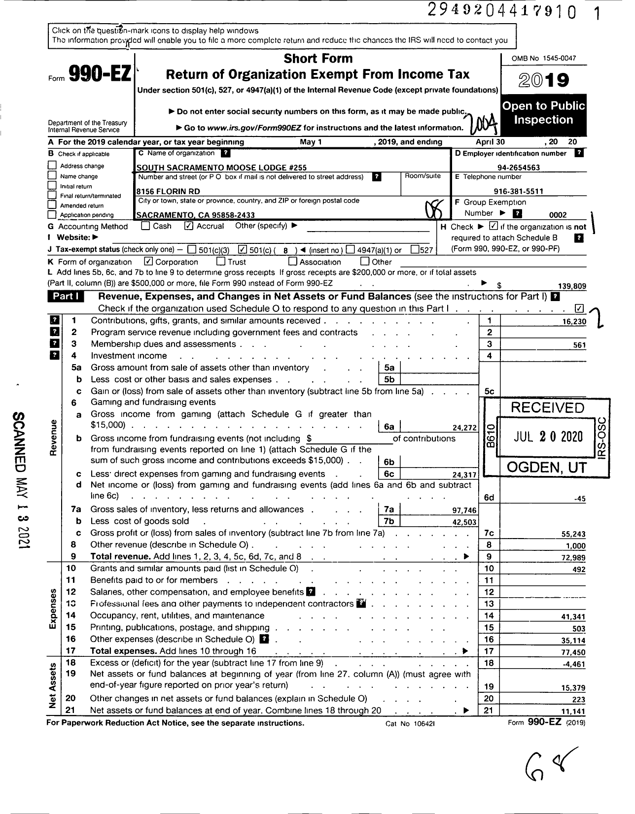 Image of first page of 2019 Form 990EO for South Sacramento Moose Lodge #255