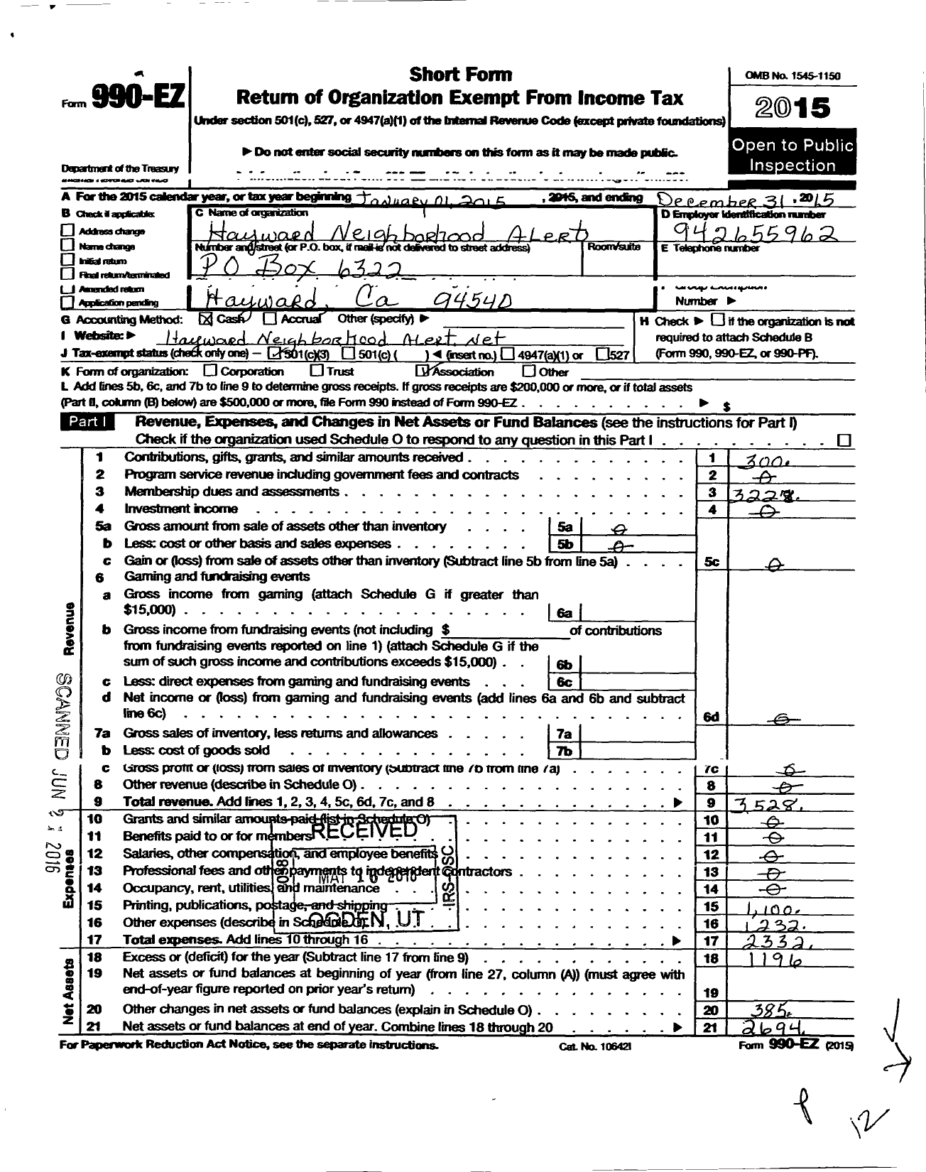 Image of first page of 2015 Form 990EZ for Hayward Neighborhood Alert