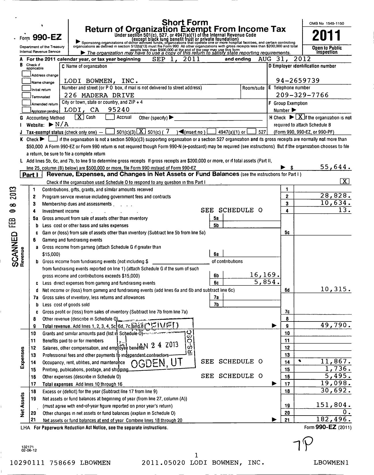 Image of first page of 2011 Form 990EO for Lodi Bowmen