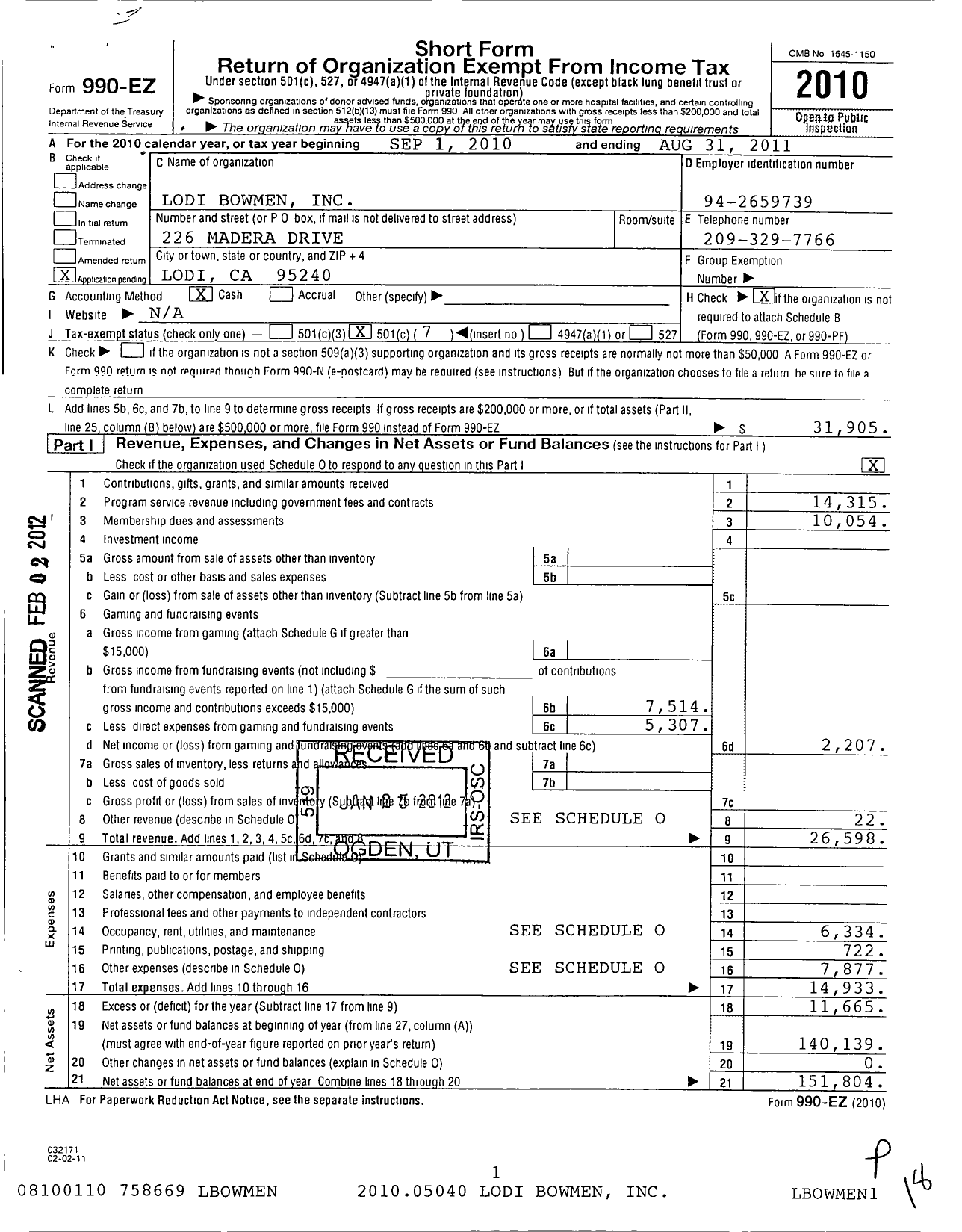 Image of first page of 2010 Form 990EO for Lodi Bowmen