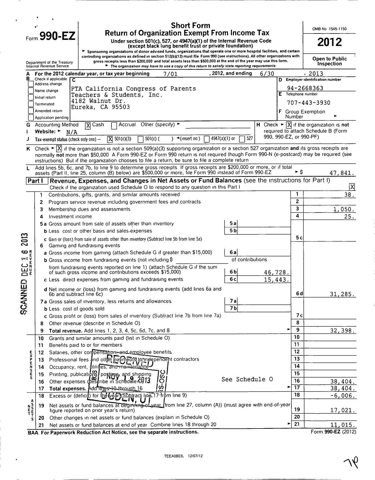 Image of first page of 2012 Form 990EZ for California State PTA - Cutten-Ridgewood Elementary PTA