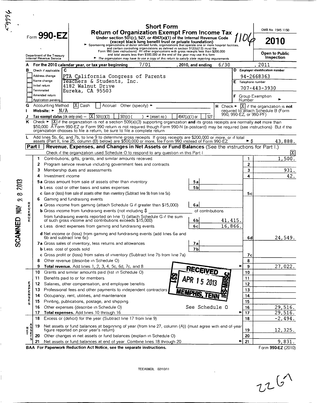 Image of first page of 2010 Form 990EZ for California State PTA - Cutten-Ridgewood Elementary PTA