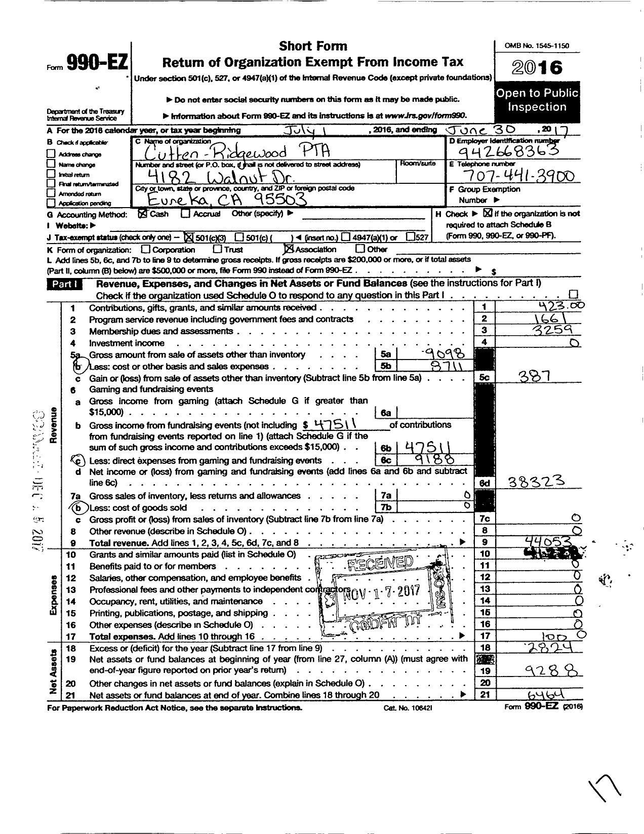 Image of first page of 2016 Form 990EZ for California State PTA - Cutten-Ridgewood Elementary PTA