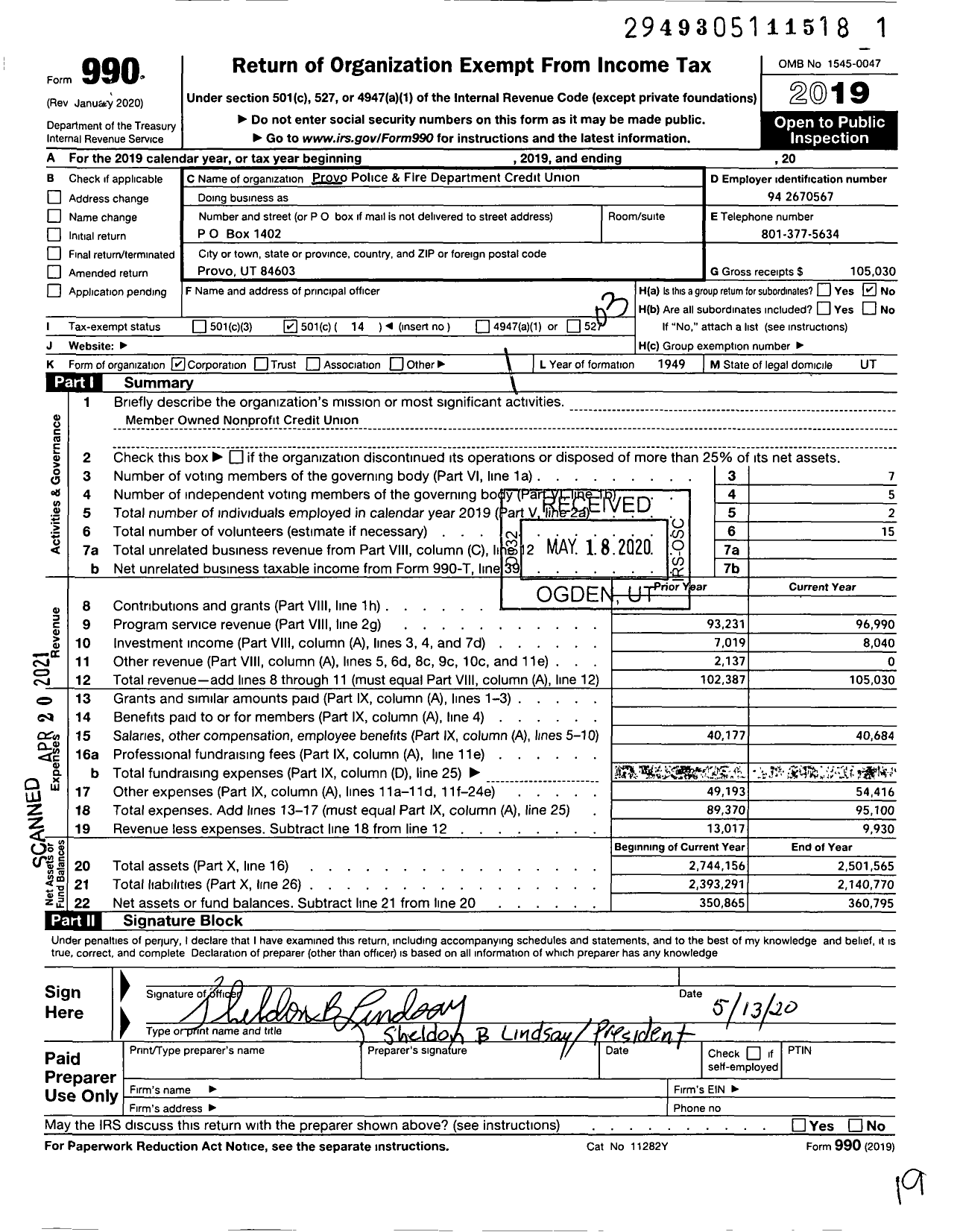 Image of first page of 2019 Form 990 for Credit UNIONS CHARTERED IN THE STATE OF UTAH / Provo Police & Fire Department