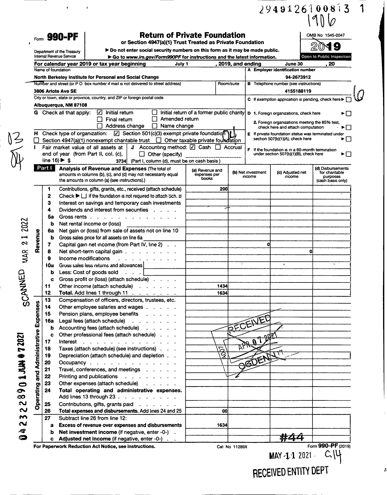 Image of first page of 2018 Form 990PF for North Berkeley Institute for Personal and Social Change