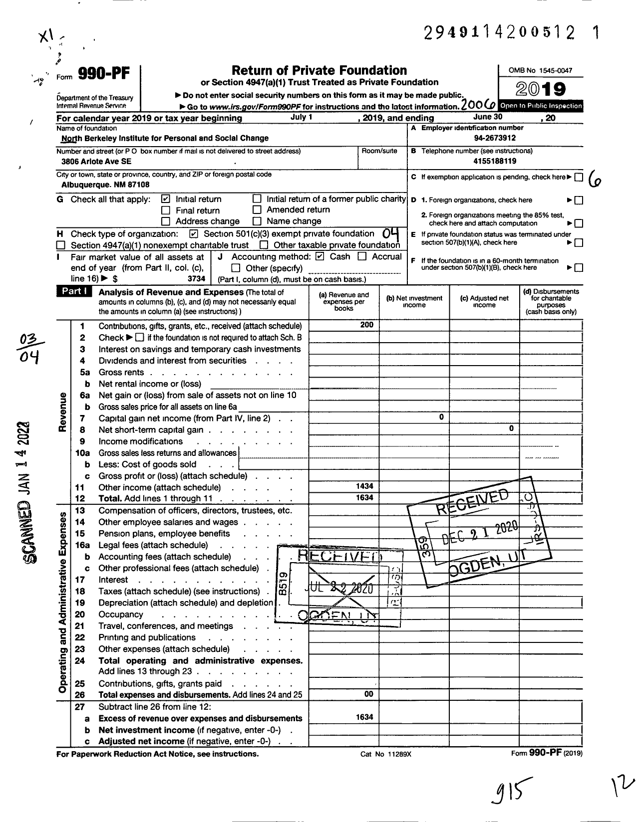 Image of first page of 2019 Form 990PF for North Berkeley Institute for Personal and Social Change