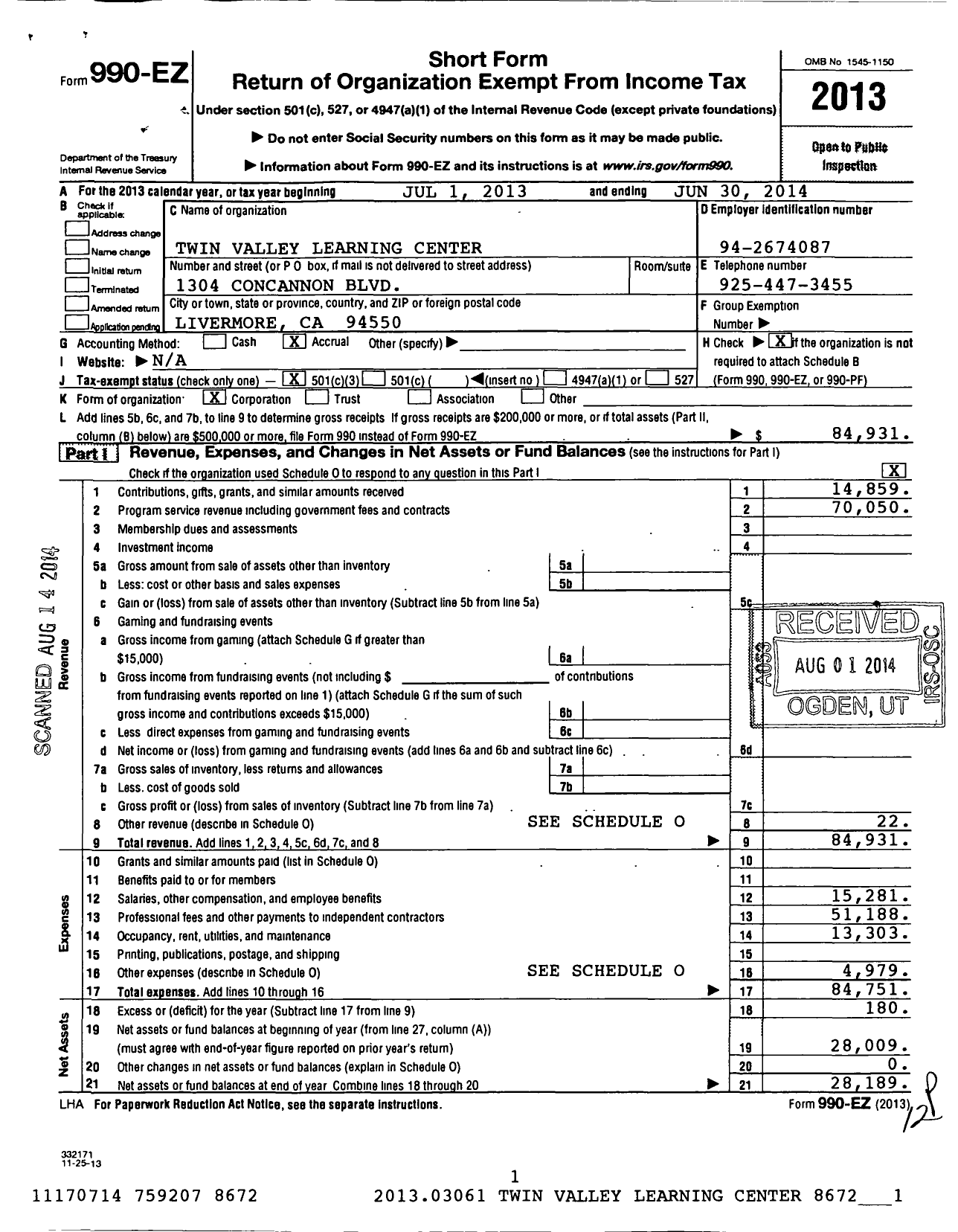 Image of first page of 2013 Form 990EZ for Twin Valley Learning Center