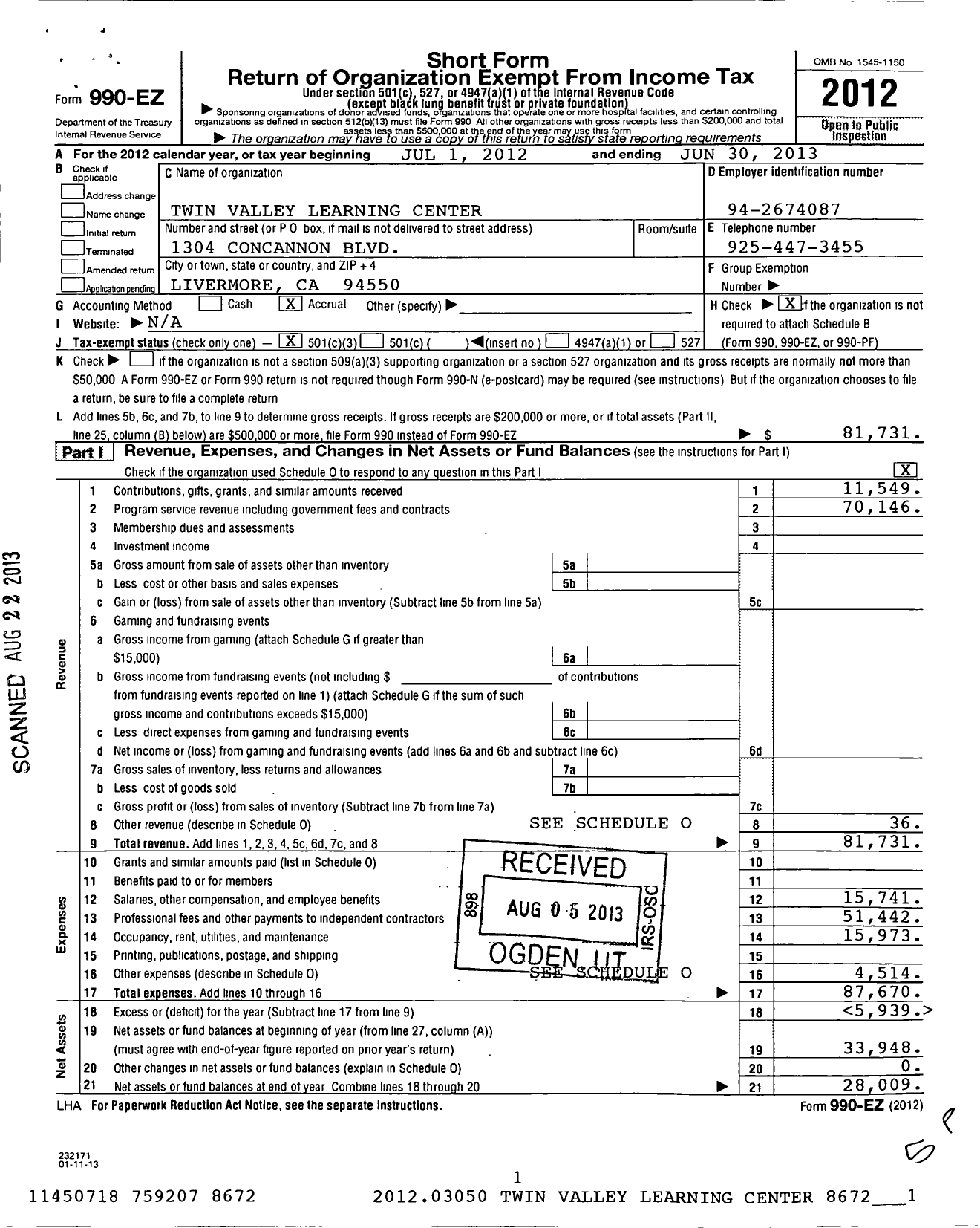 Image of first page of 2012 Form 990EZ for Twin Valley Learning Center