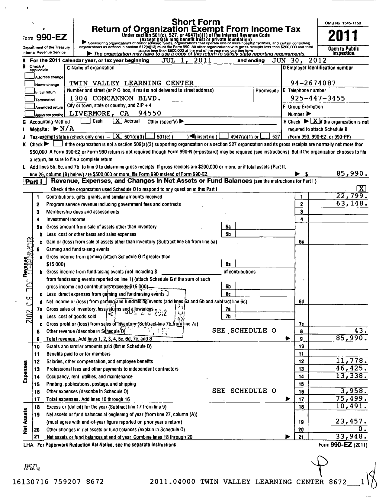 Image of first page of 2011 Form 990EZ for Twin Valley Learning Center