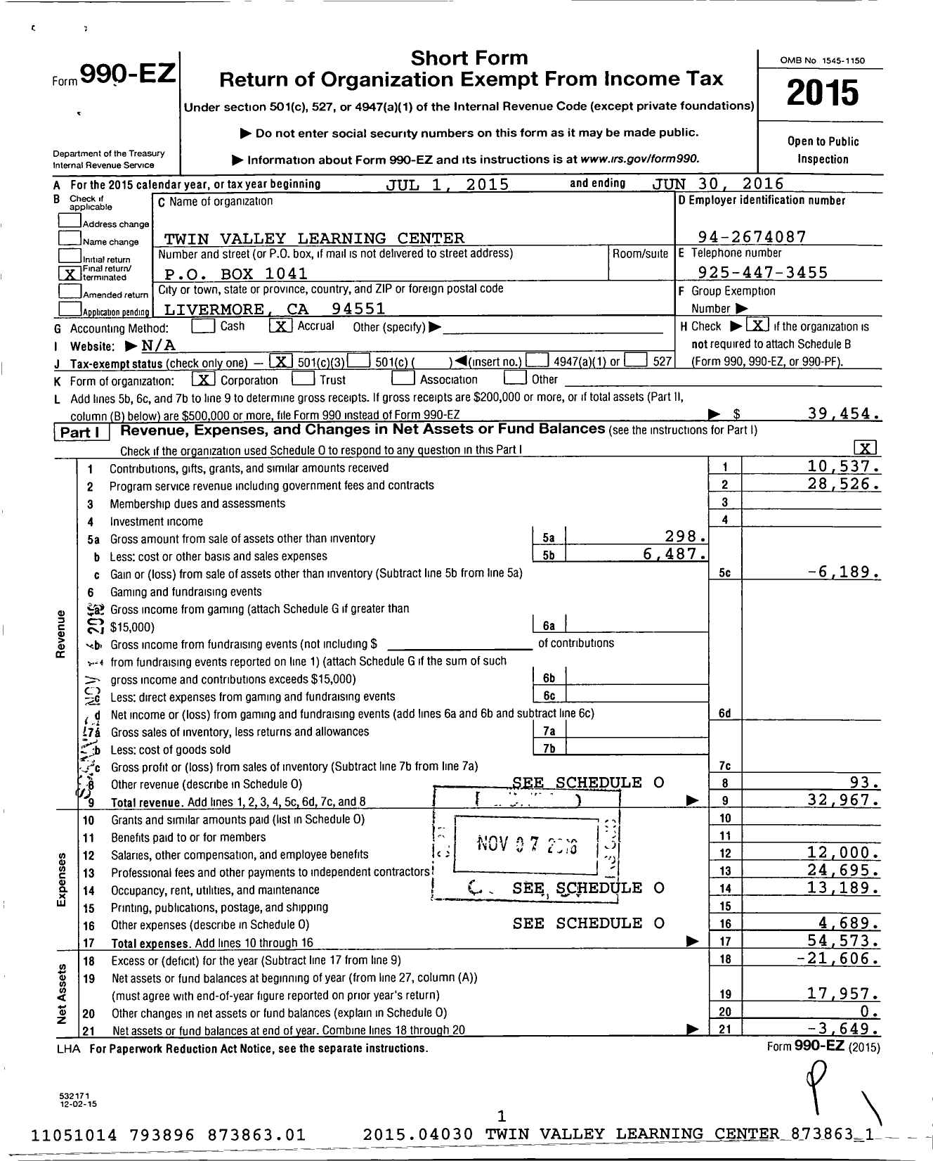 Image of first page of 2015 Form 990EZ for Twin Valley Learning Center