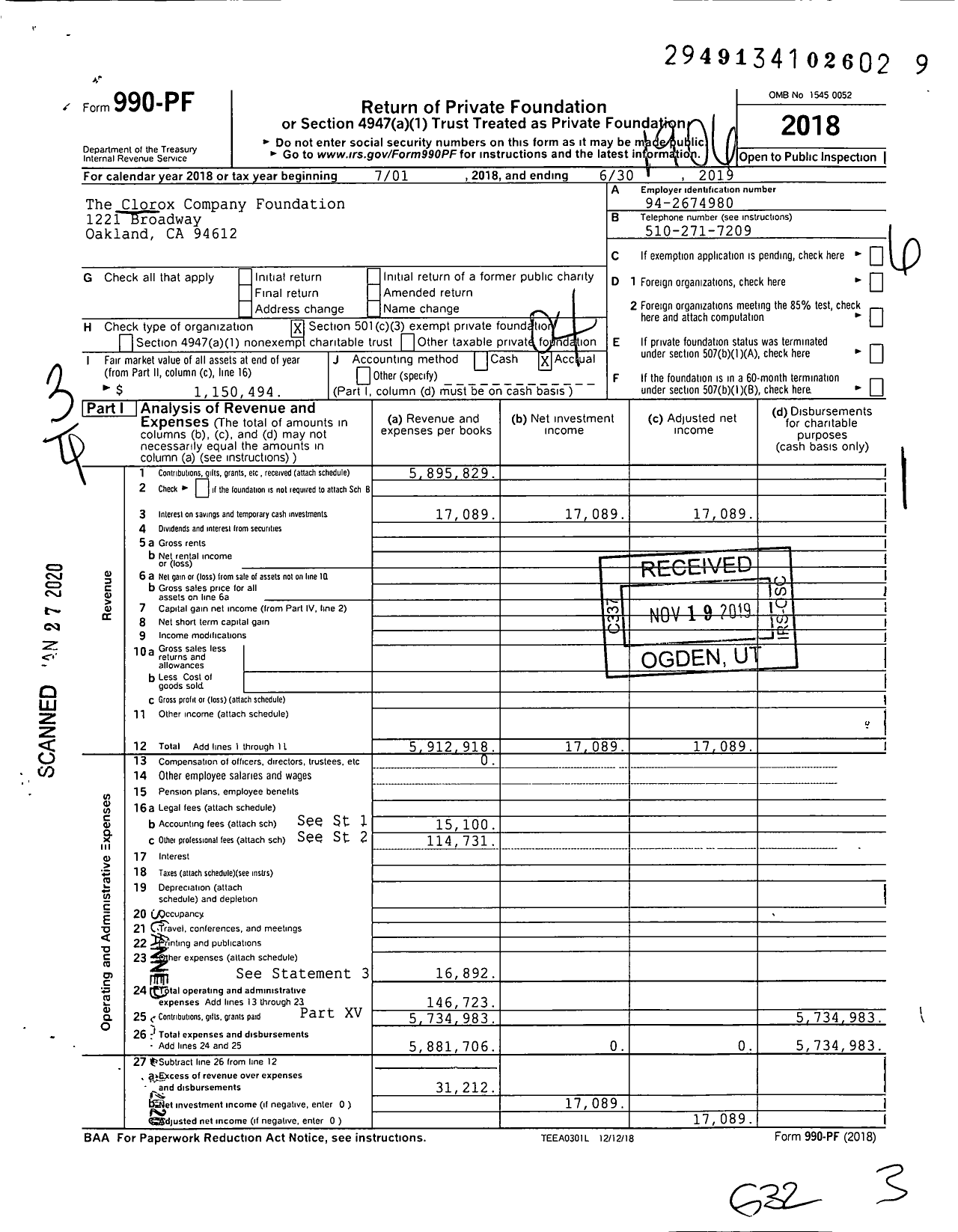 Image of first page of 2018 Form 990PF for Clorox Company Foundation
