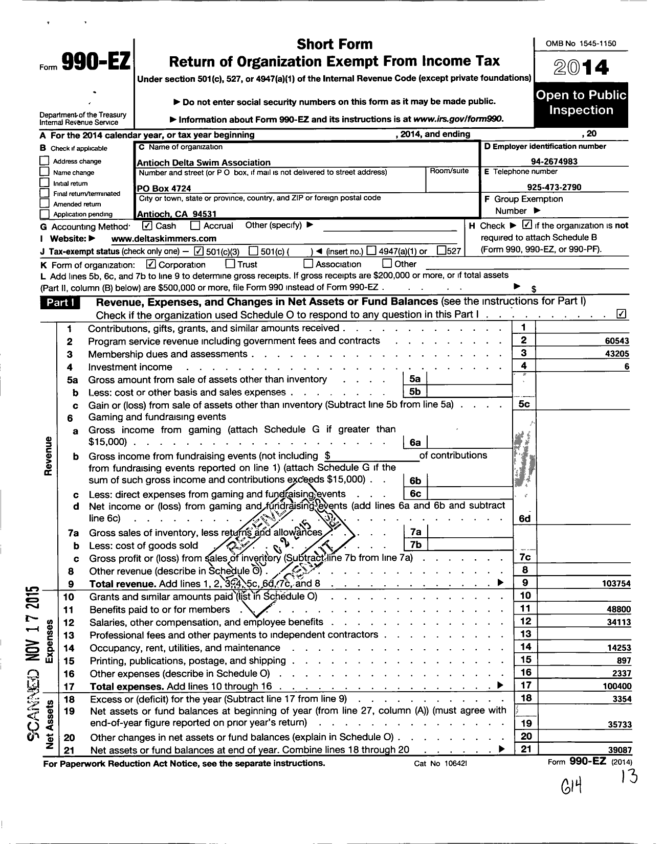 Image of first page of 2014 Form 990EZ for Antioch Delta Swim Association