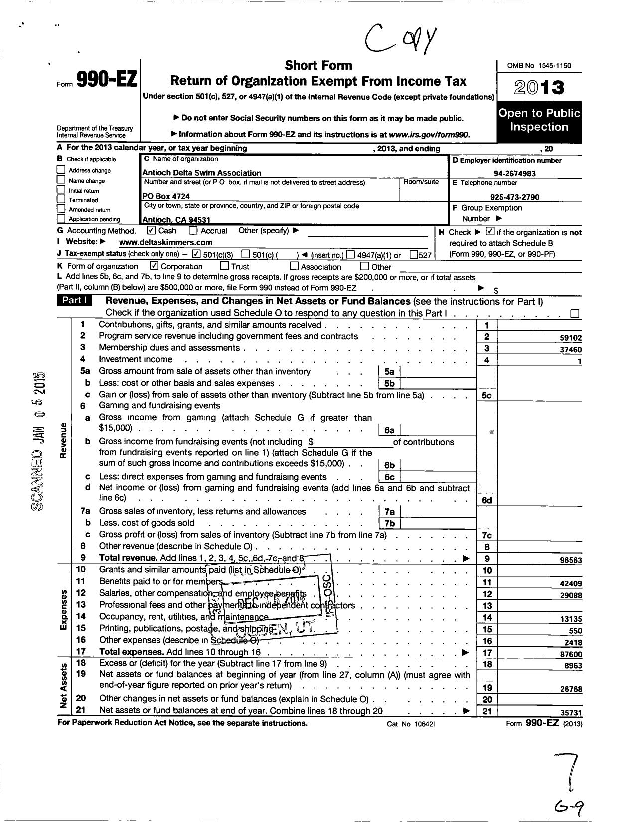 Image of first page of 2013 Form 990EZ for Antioch Delta Swim Association