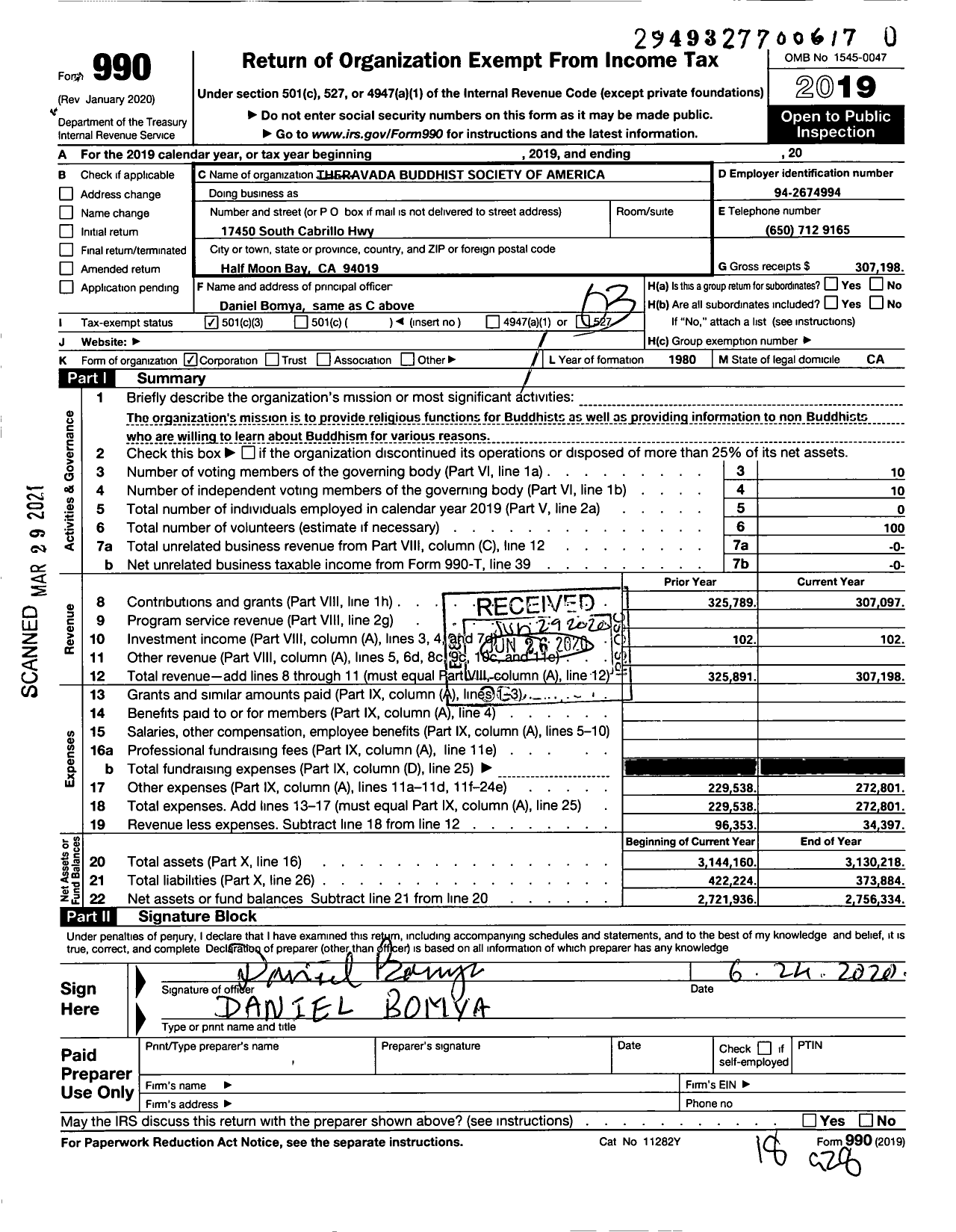 Image of first page of 2019 Form 990 for Theravada Buddhist Society of America