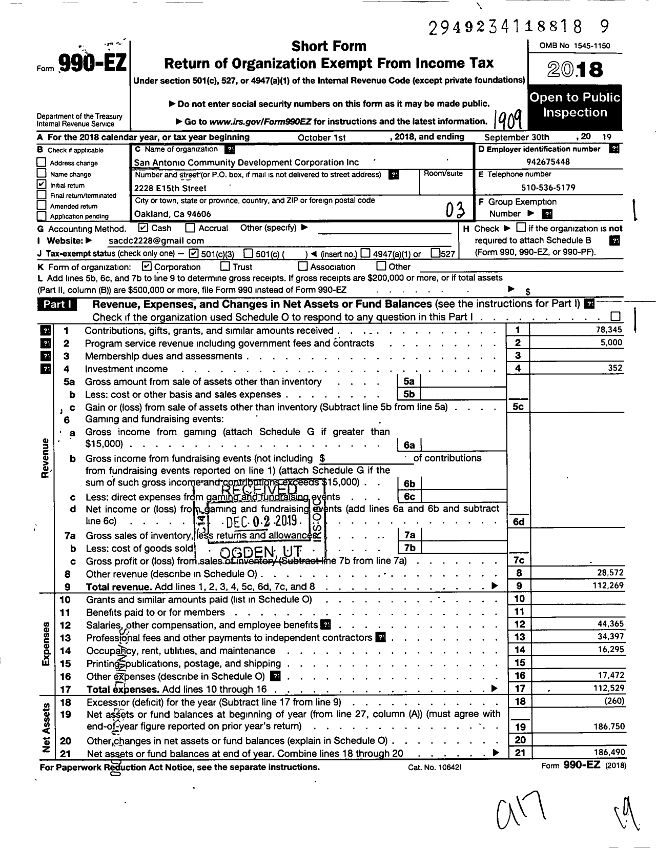 Image of first page of 2018 Form 990EZ for San Antonio Community Delvelopment Corporation