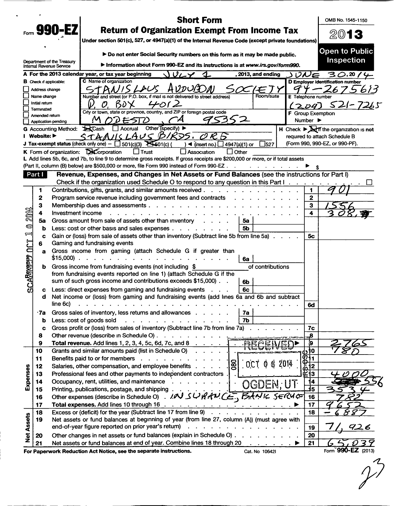 Image of first page of 2013 Form 990EO for Stanislaus Audubon Soc