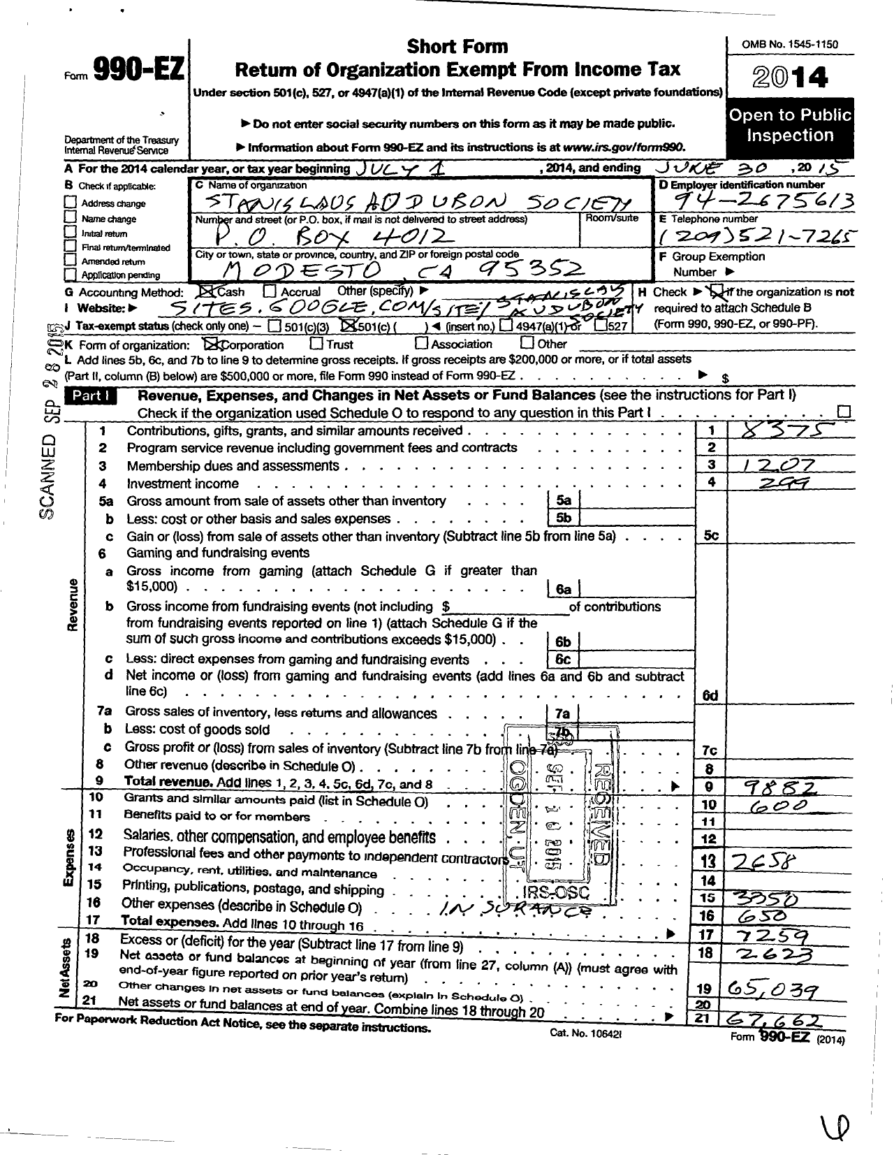 Image of first page of 2014 Form 990EO for Stanislaus Audubon Soc