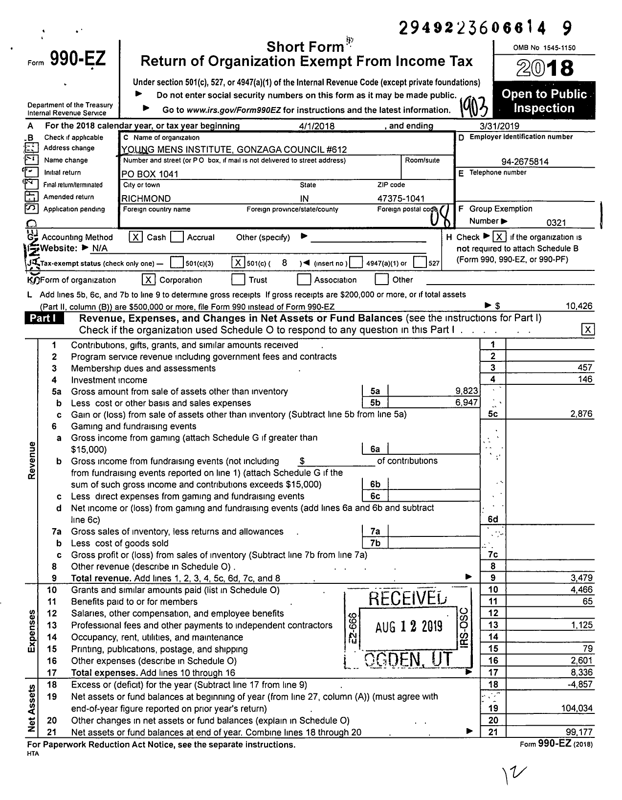 Image of first page of 2018 Form 990EO for Young Mens Institute - 612 Gonzaga