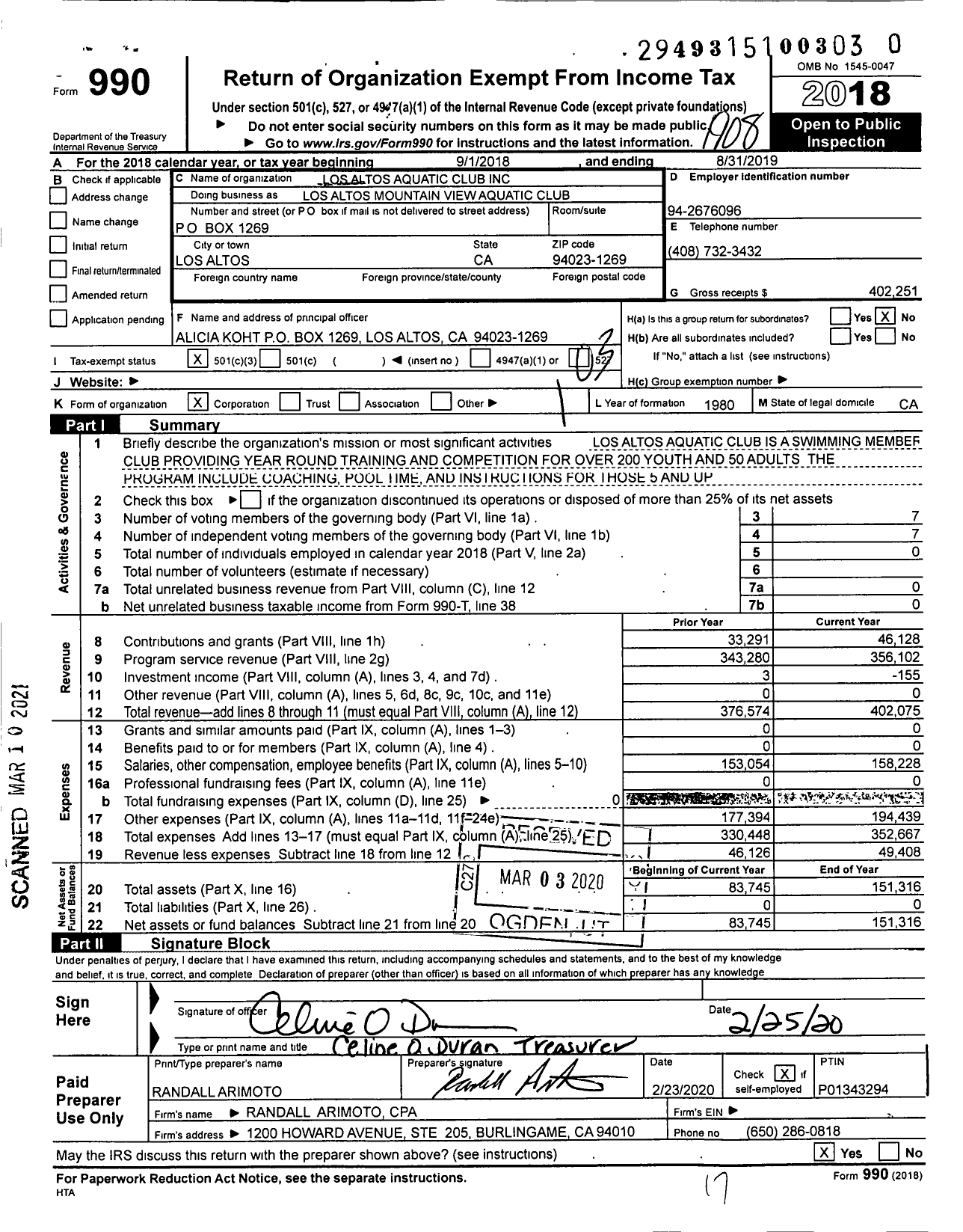 Image of first page of 2018 Form 990 for Los Altos Aquatic Club