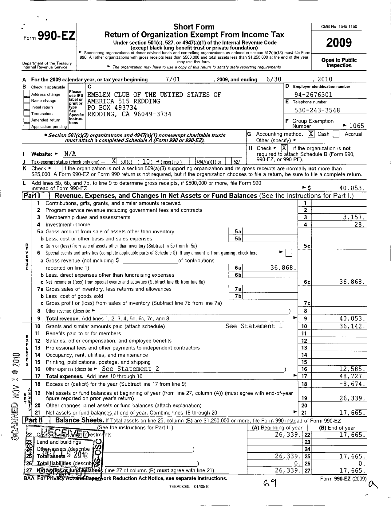 Image of first page of 2009 Form 990EO for Supreme Emblem Club of the United States of America - 515 Redding