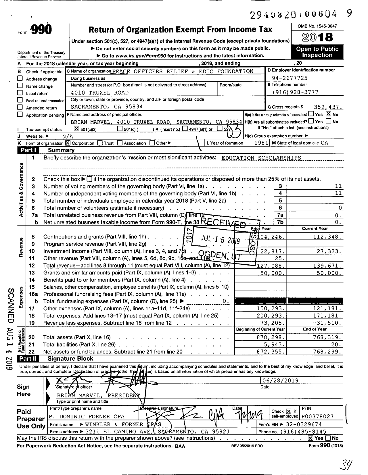 Image of first page of 2018 Form 990 for Peace Officers Relief and Education Foundation