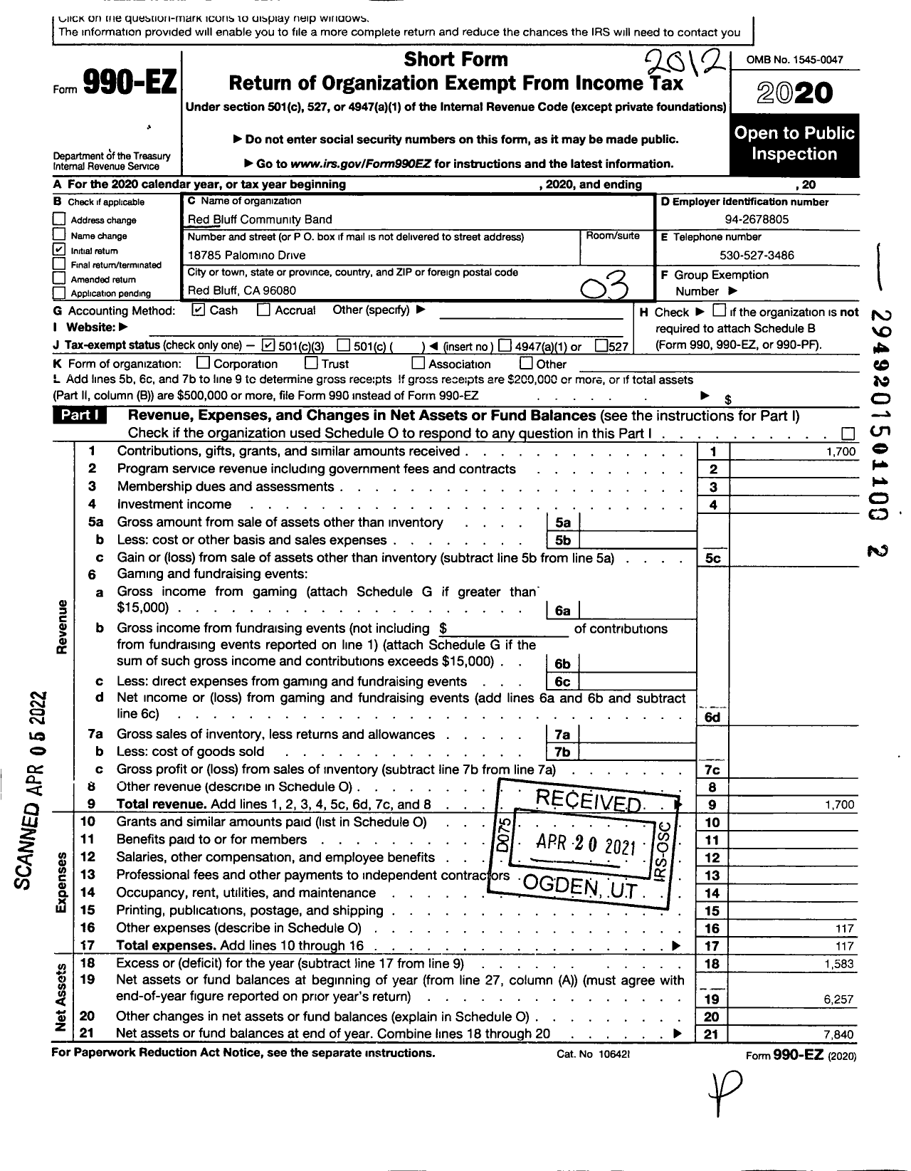 Image of first page of 2020 Form 990EZ for Red Bluff Community Band