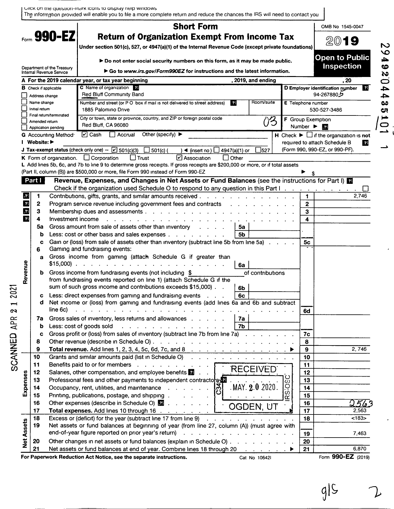 Image of first page of 2019 Form 990EZ for Red Bluff Community Band