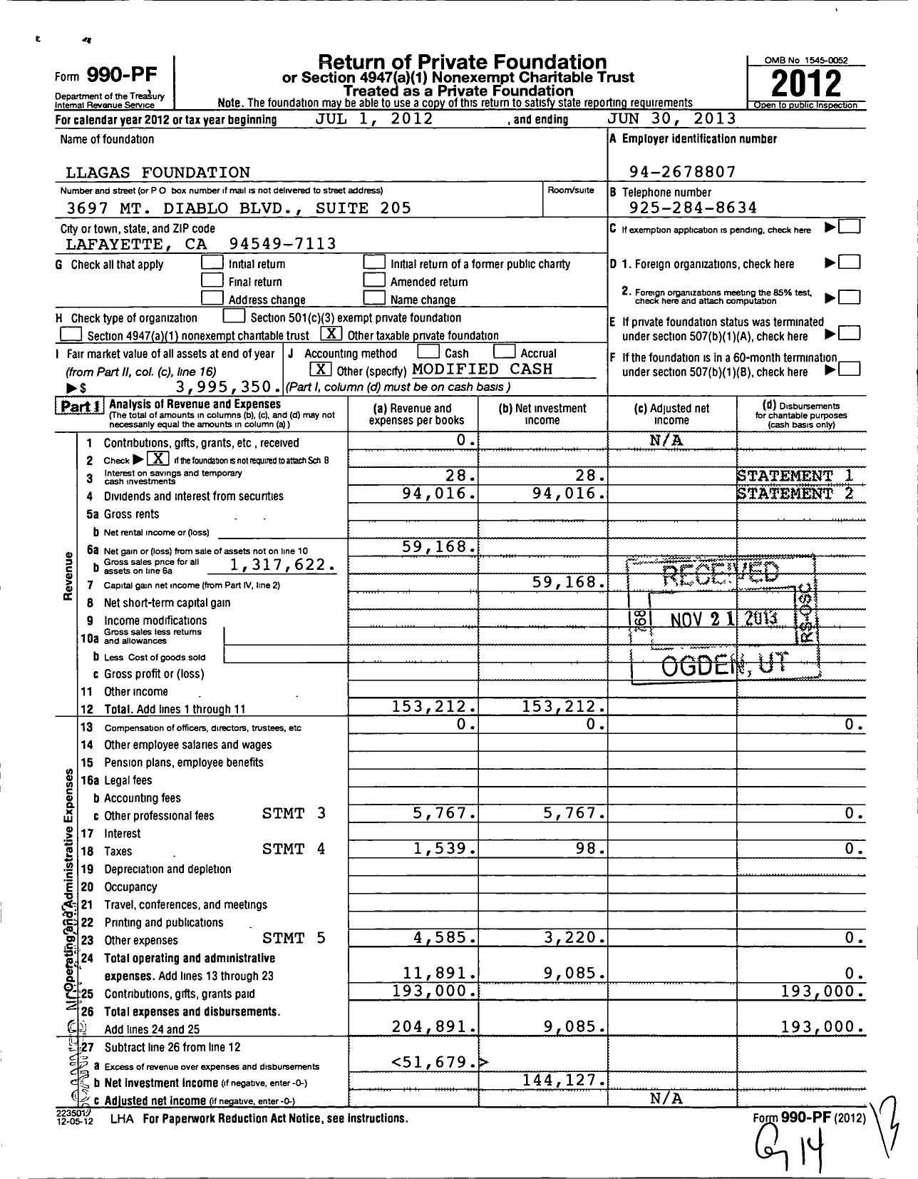 Image of first page of 2012 Form 990PF for Llagas Foundation