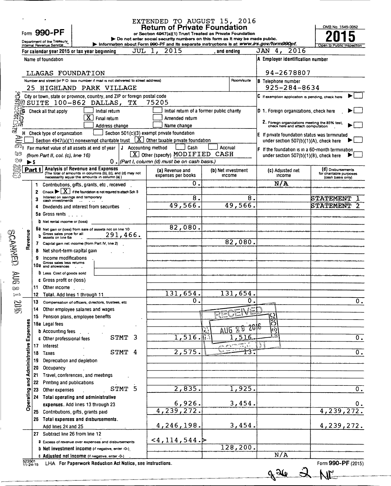 Image of first page of 2015 Form 990PF for Llagas Foundation