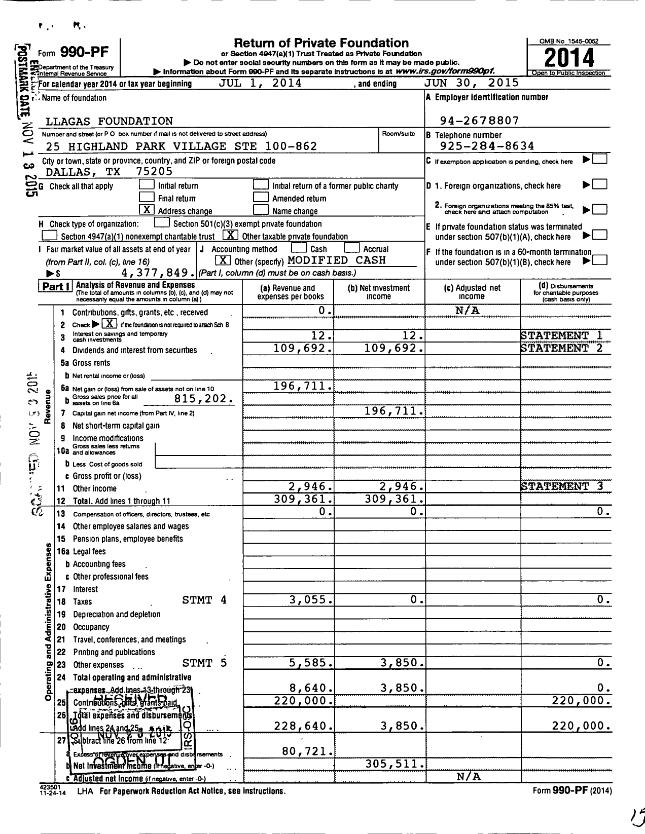 Image of first page of 2014 Form 990PF for Llagas Foundation