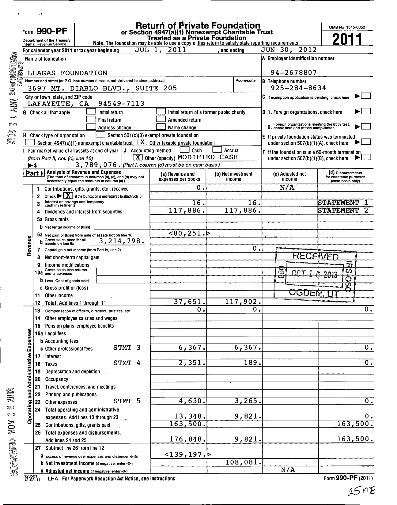 Image of first page of 2011 Form 990PF for Llagas Foundation